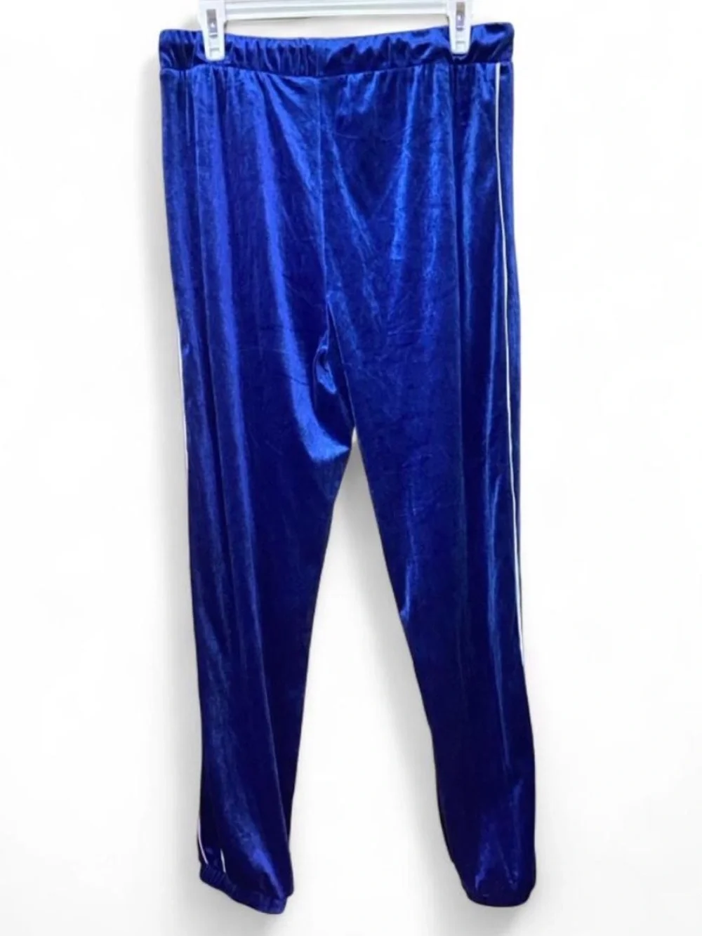 F21 Royal Blue Velvet/Velour Jogger Track Pants w Pockets & White Piping Size L